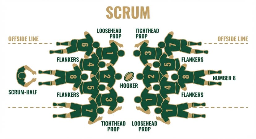 Scrum formation: 8 players per side bind over the ball