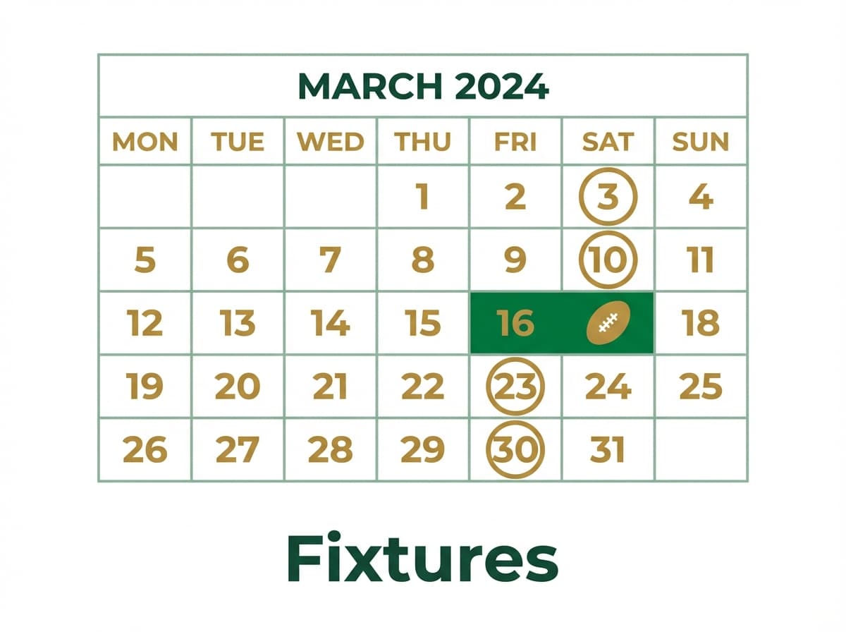 Fixtures — calendar showing upcoming rugby match schedule