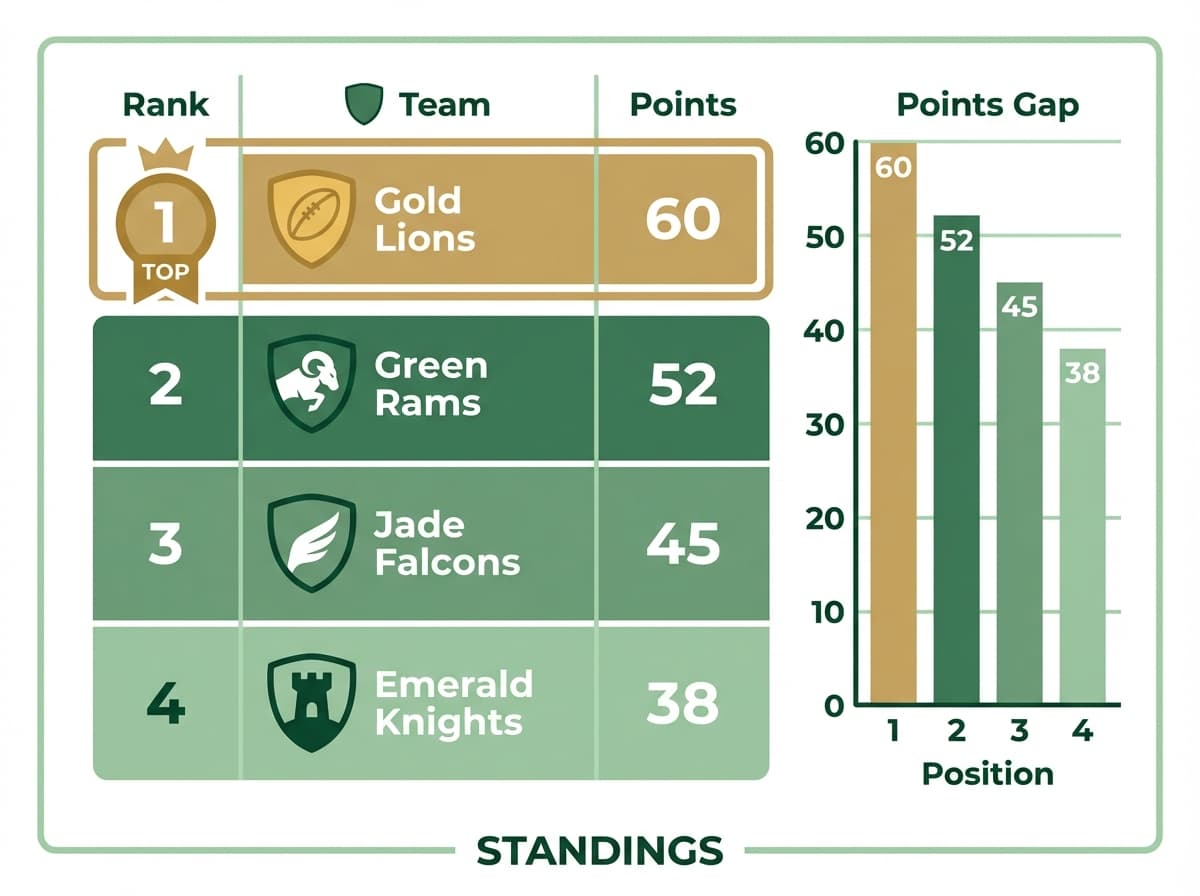 Standings — league table with rankings and points