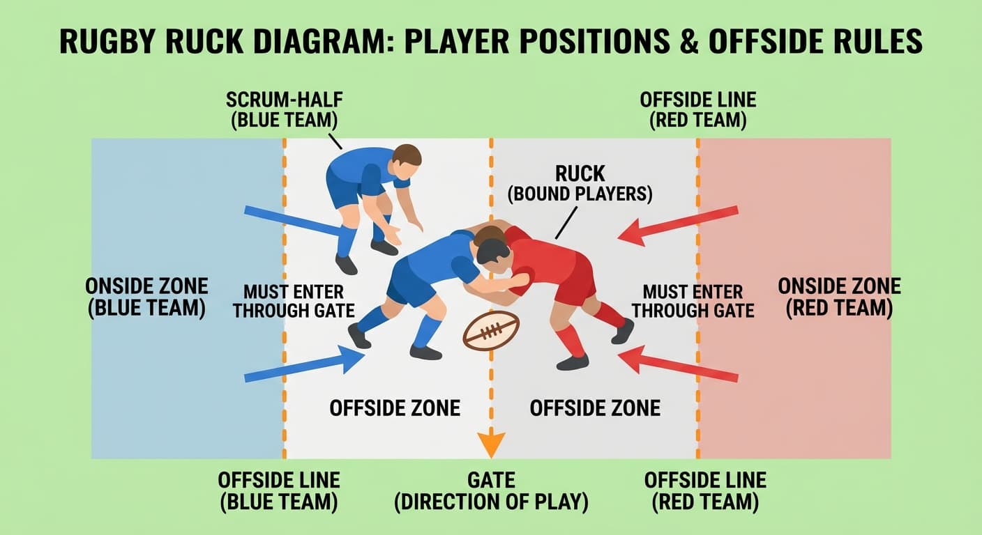 Ruck formation: binding, gate, offside line, and ball retrieval