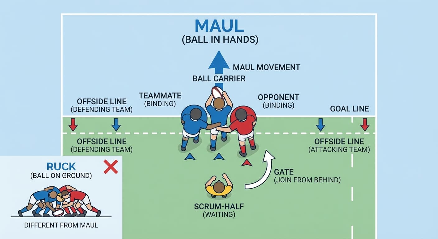 Maul formation: ball carrier bound by teammates and opponents