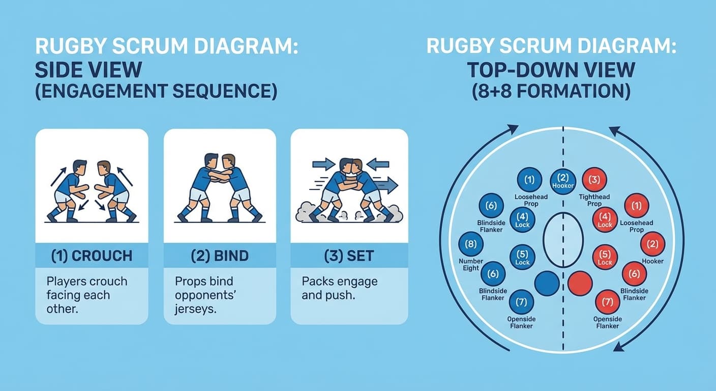 Scrum formation: front row binding, engagement sequence, and offside lines