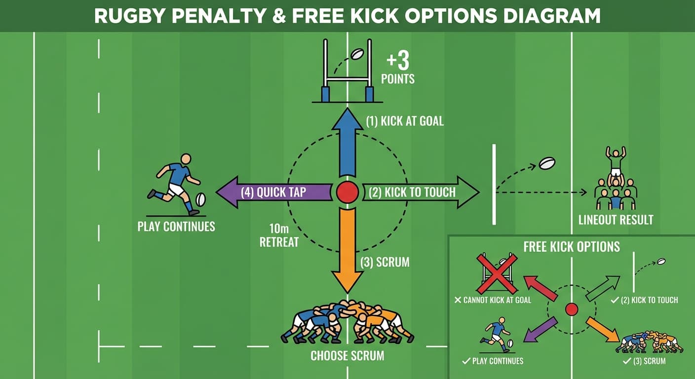 Penalty options: kick at goal, lineout, scrum, or quick tap