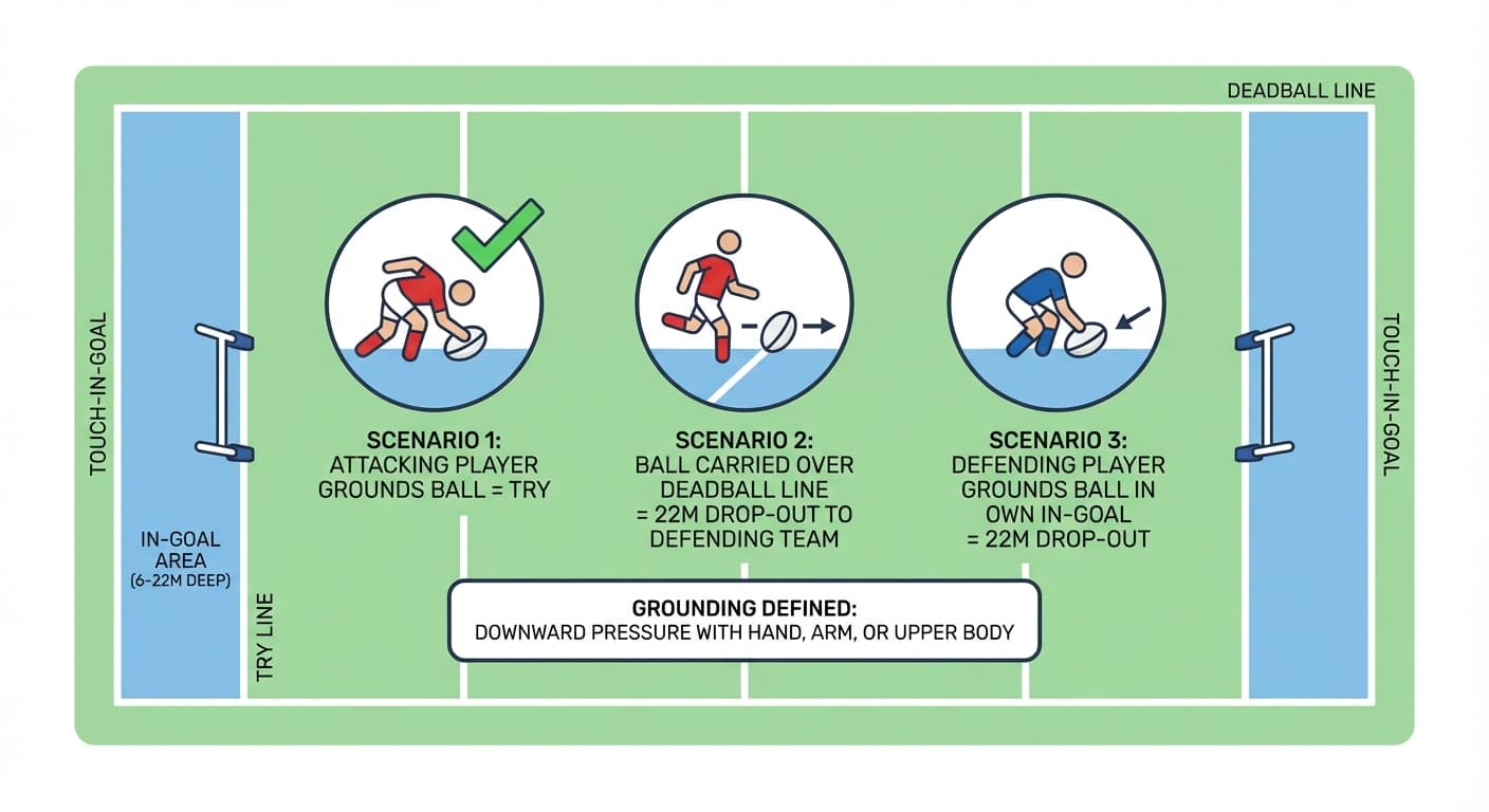 In-goal area: grounding the ball, deadball line, and 22 drop-out