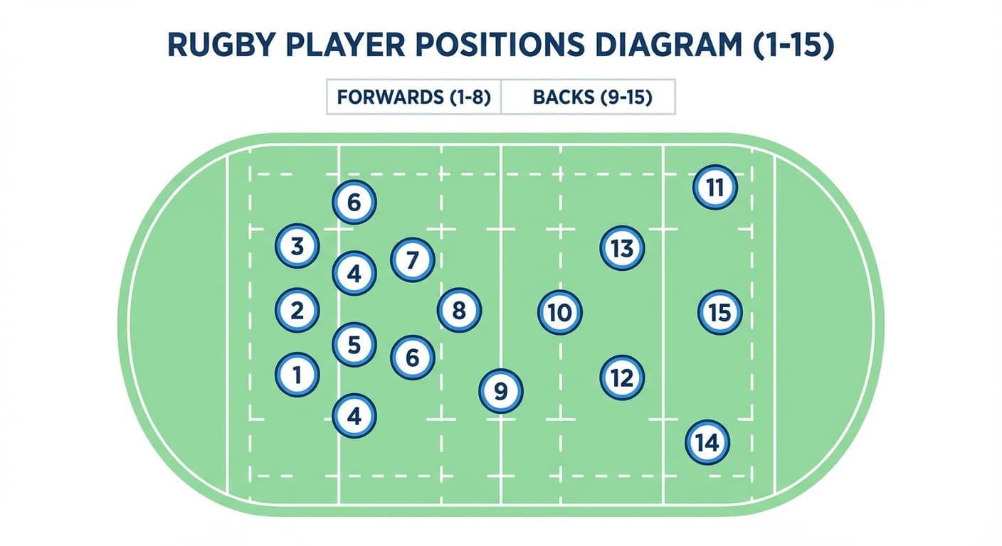 Rugby union player positions 1–15 on the field