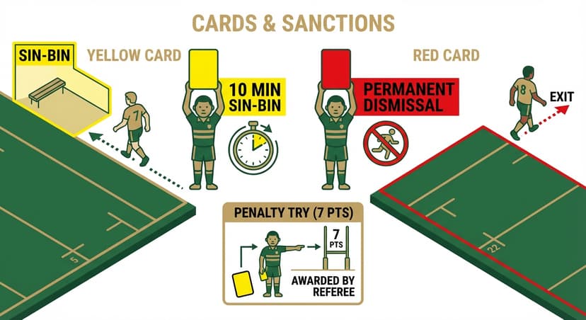 Cards & Sanctions: yellow card (10 min sin-bin), red card (permanent dismissal)