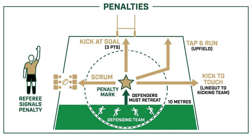 Penalties: non-offending team chooses kick at goal, kick to touch, tap and go, or scrum