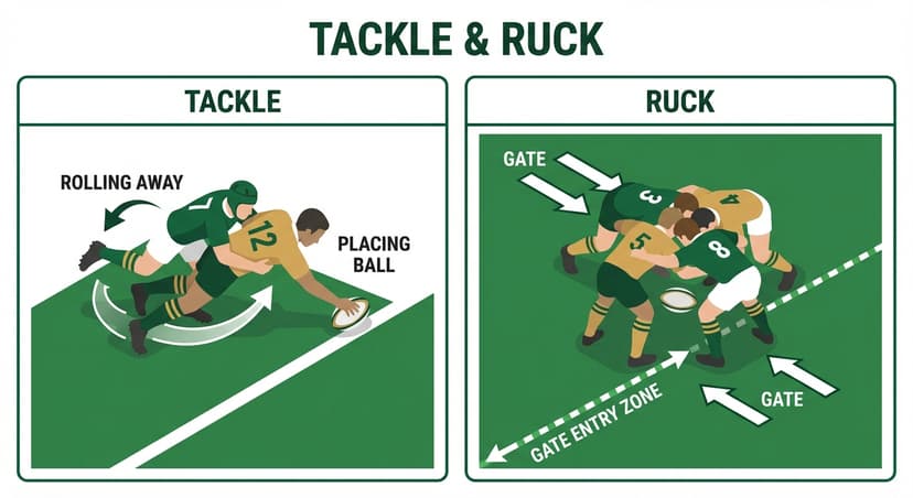 Tackle & Ruck: tackle the ball carrier, then contest through the gate