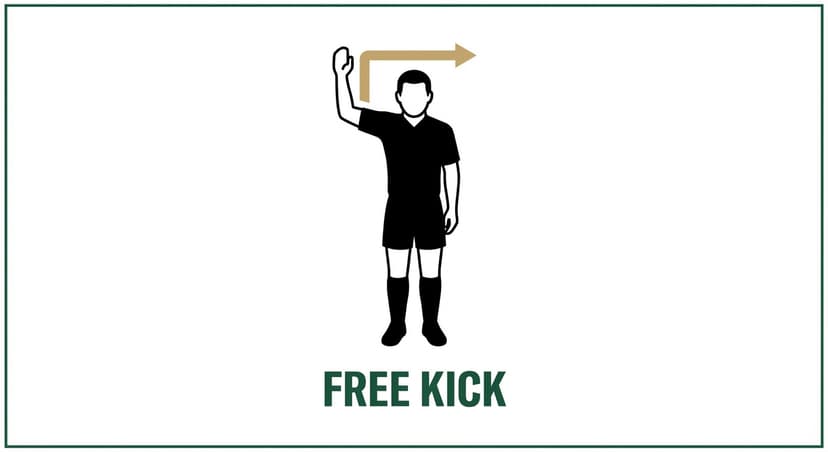 Free Kick: referee raises one arm bent at the elbow forming an L shape