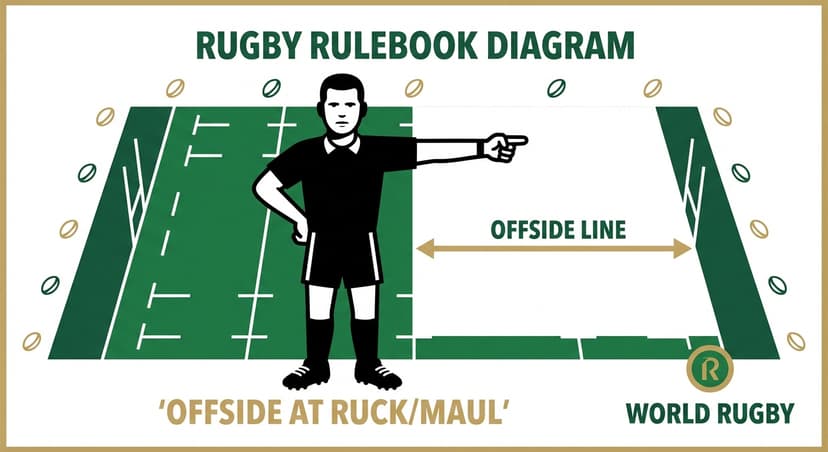 Offside at Ruck or Maul: referee places one hand on hip, other arm indicates offside line