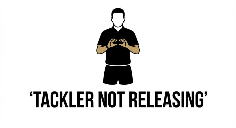 Tackler Not Releasing: referee makes a grasping motion with both hands at chest height